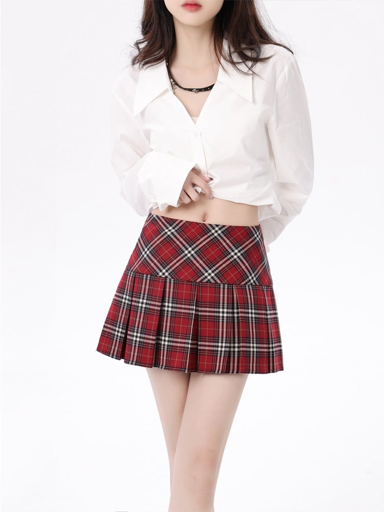 College Style JK Red Plaid Pleated Skirt