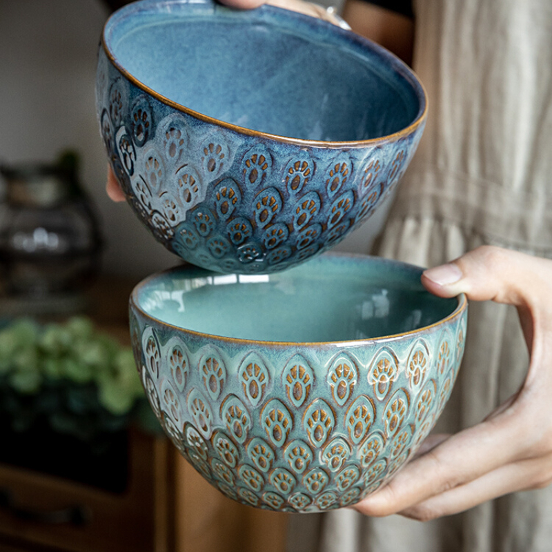 5-inch embossed rice bowl - bird pattern mixed color