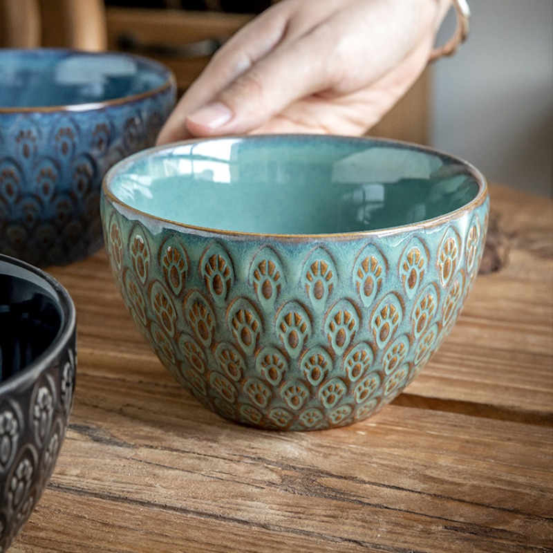 Ceramic Peacock Relief Rice Bowl 1
