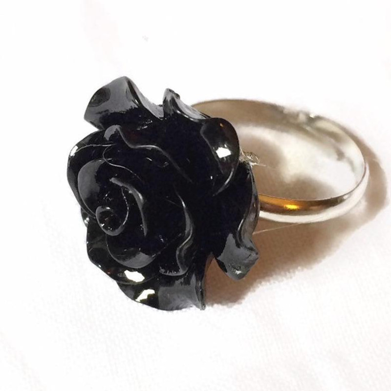 Gothic Black Flower Adjustable Ring - On Hand