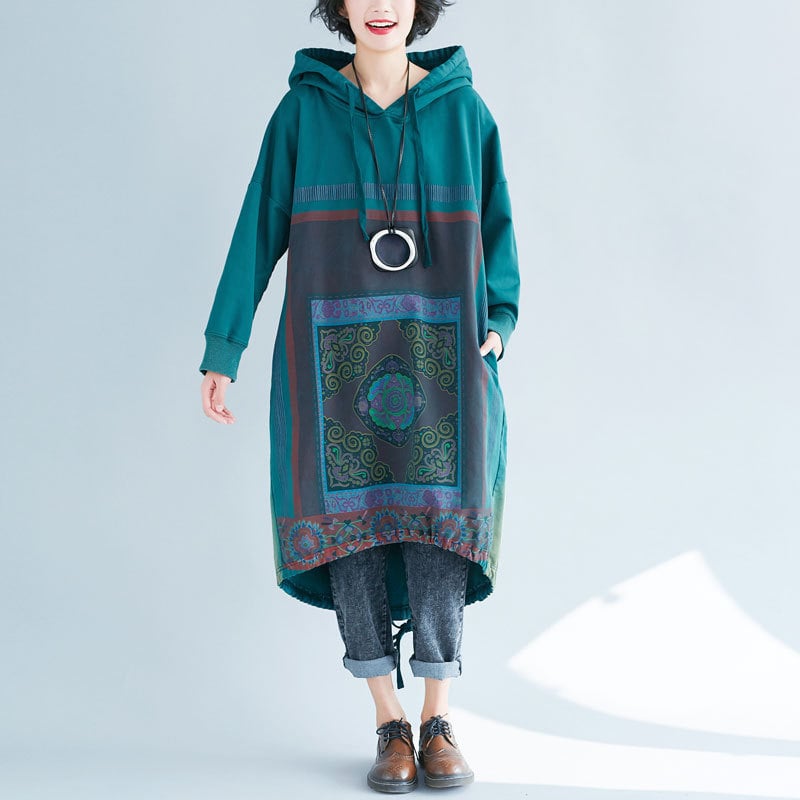 Hooded Sweater Loose Printed Long Dress - Image 3