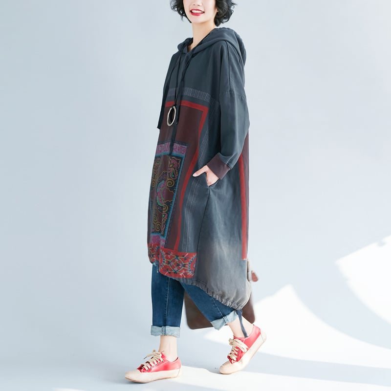 Hooded Sweater Loose Printed Long Dress - Image 13
