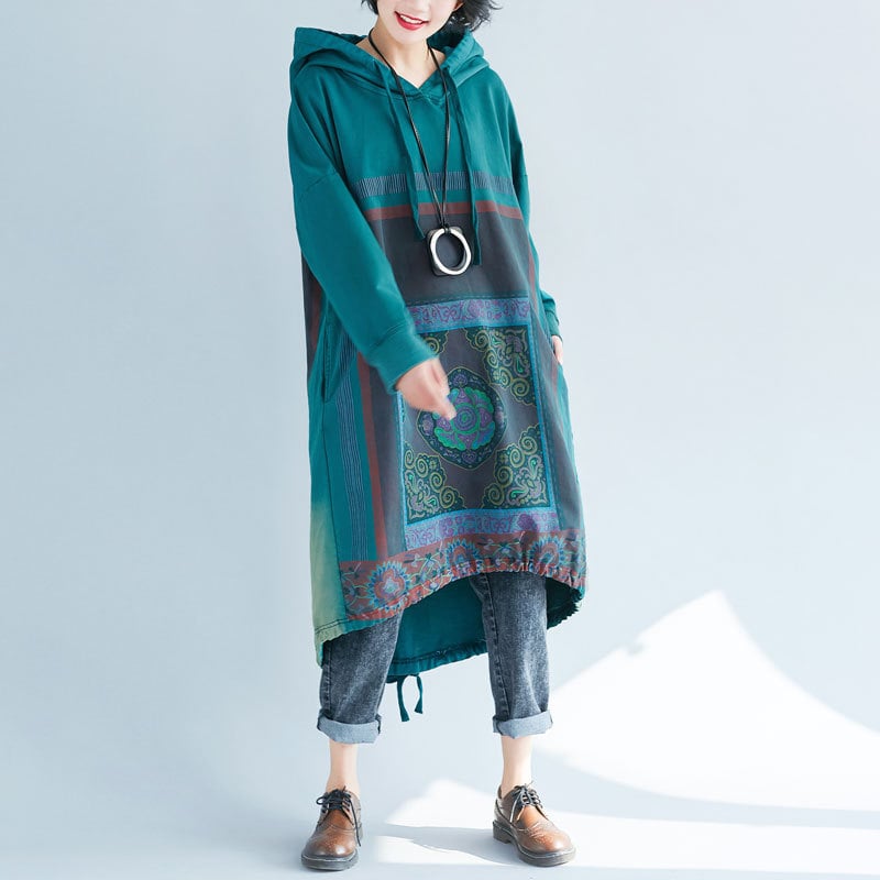 Hooded Sweater Loose Printed Long Dress - Image 12