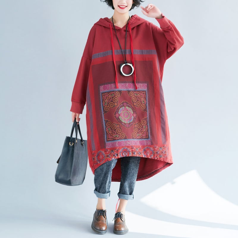 Hooded Sweater Loose Printed Long Dress - Image 9
