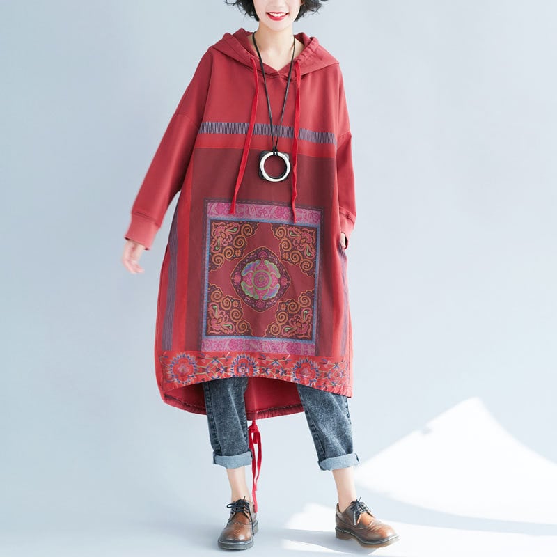 Hooded Sweater Loose Printed Long Dress - Image 5