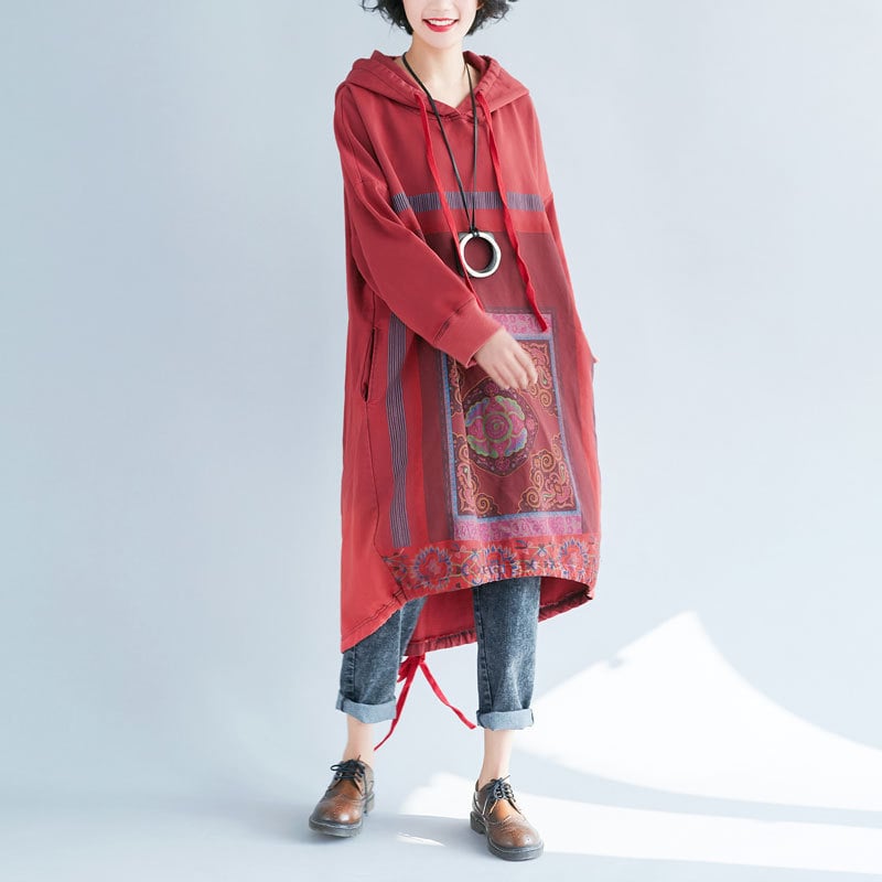 Hooded Sweater Loose Printed Long Dress - Image 4