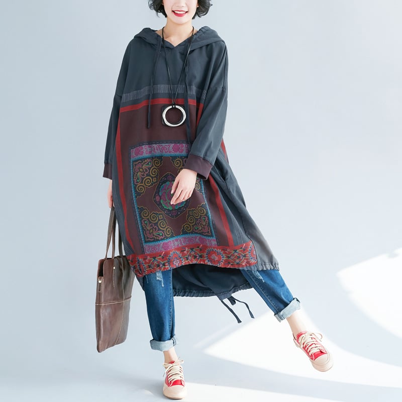 Hooded Sweater Loose Printed Long Dress - Image 14