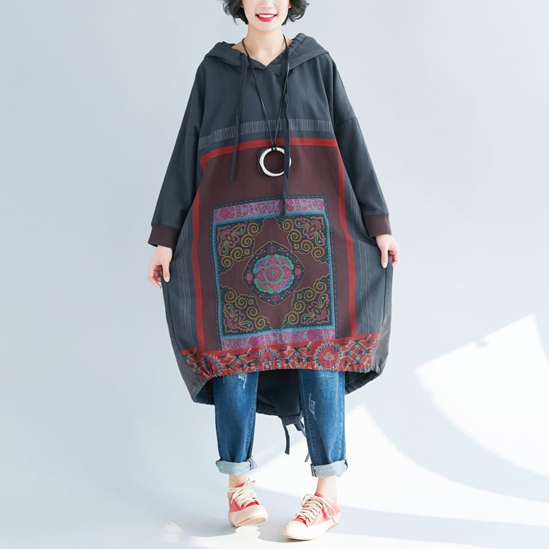 Hooded Sweater Loose Printed Long Dress - Image 11