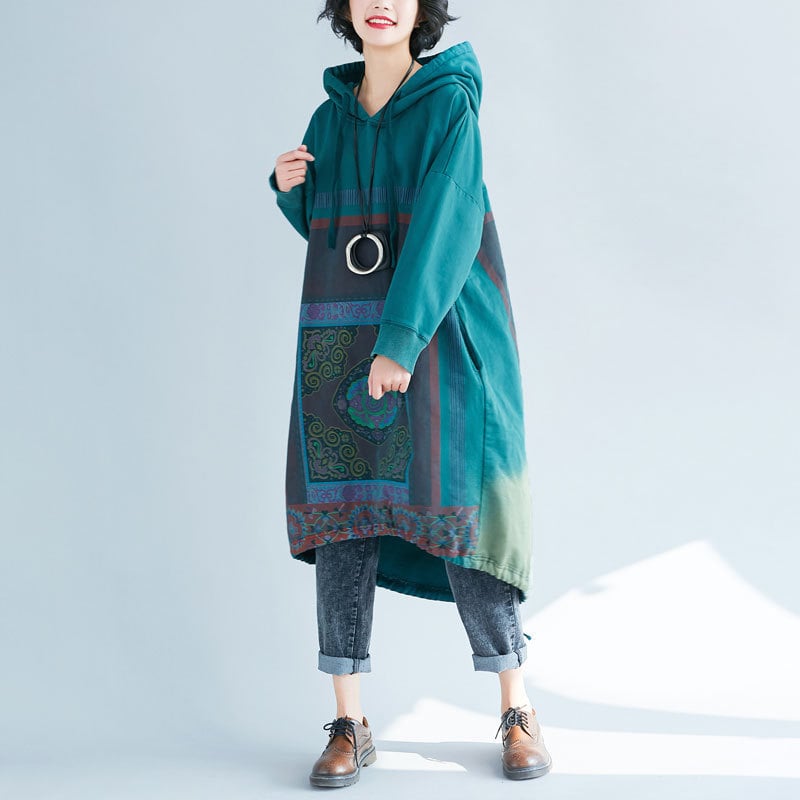 Hooded Sweater Loose Printed Long Dress - Image 15