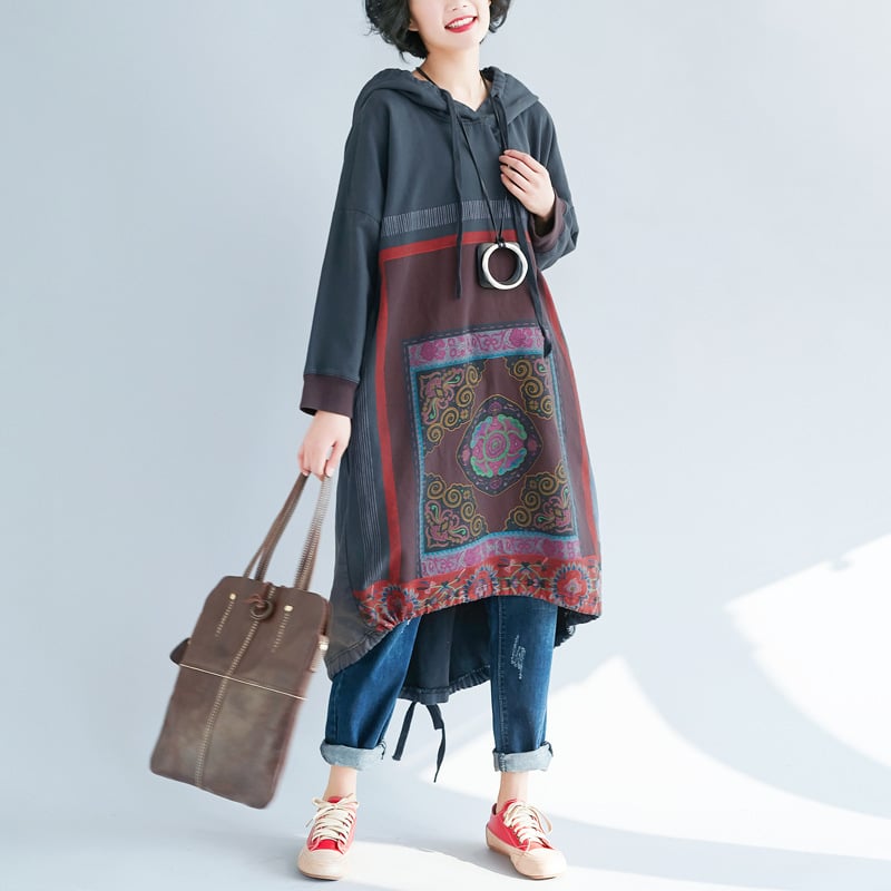Hooded Sweater Loose Printed Long Dress - Image 6
