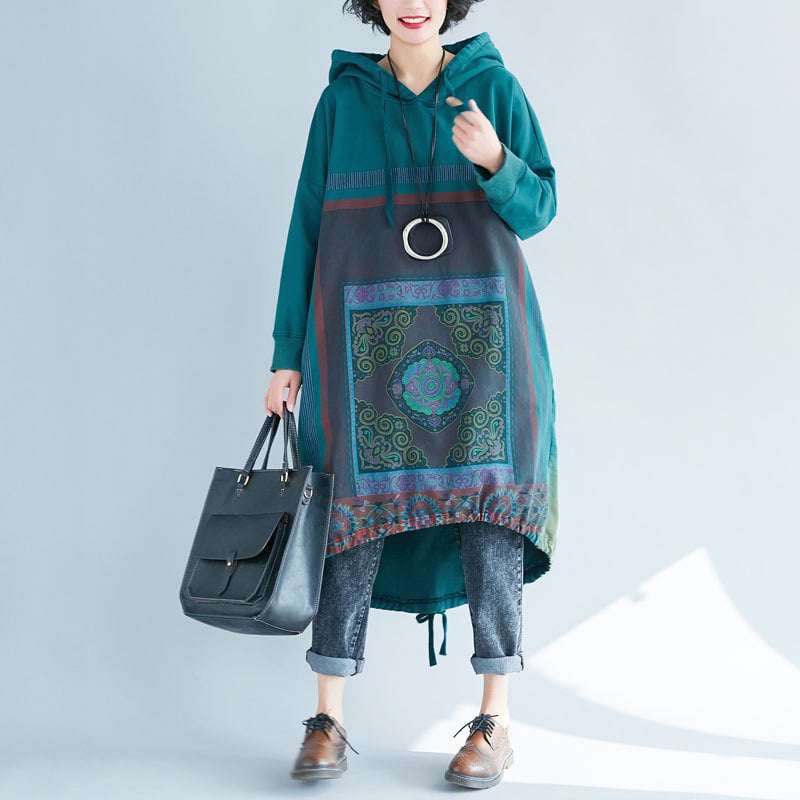 Hooded Sweater Loose Printed Long Dress - Image 8