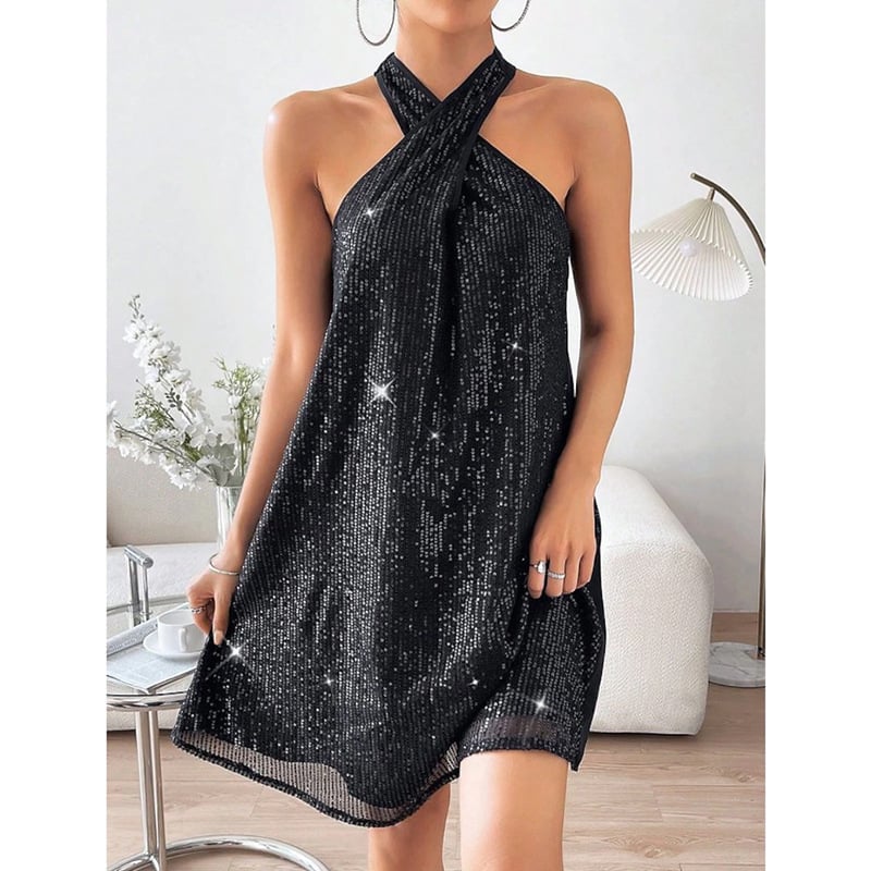 Elegant Halter Off-shoulder Sequins Dress 3