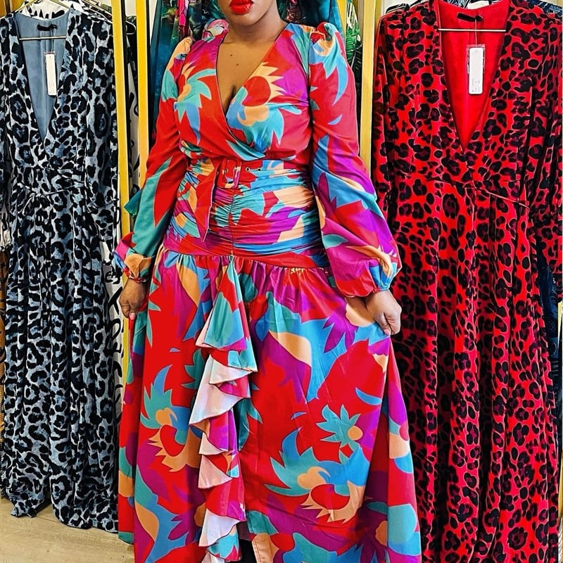 Women's Vintage Printed Deep V Split Dress - Image 2