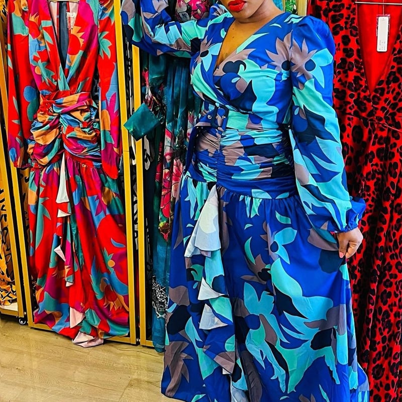Women's Vintage Printed Deep V Split Dress - Image 4