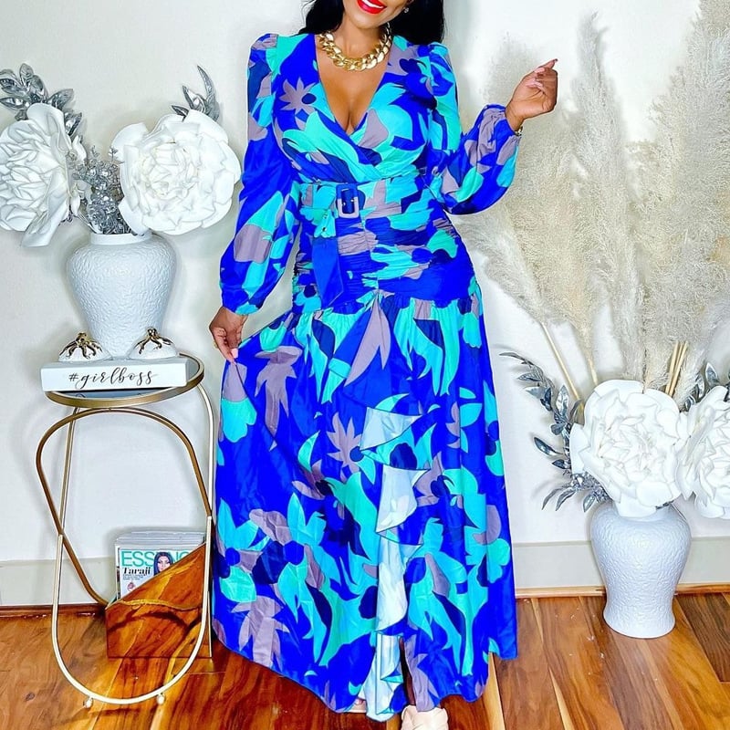 Women's Vintage Printed Deep V Split Dress - Image 1
