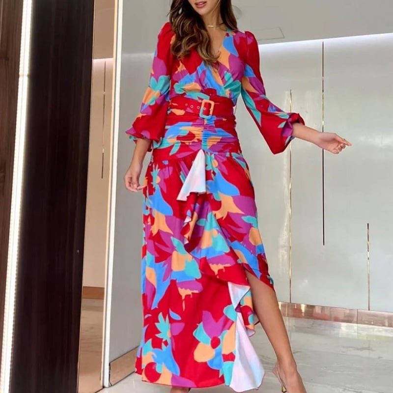 Women's Vintage Printed Deep V Split Dress - Image 3
