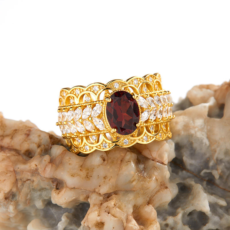 S925 Sterling Silver Inlaid Natural Pomegranate Vintage Lace Ring - Image 3