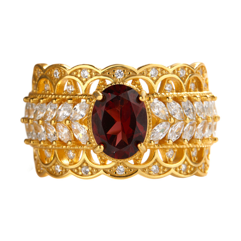 S925 Sterling Silver Inlaid Natural Pomegranate Vintage Lace Ring - Image 6