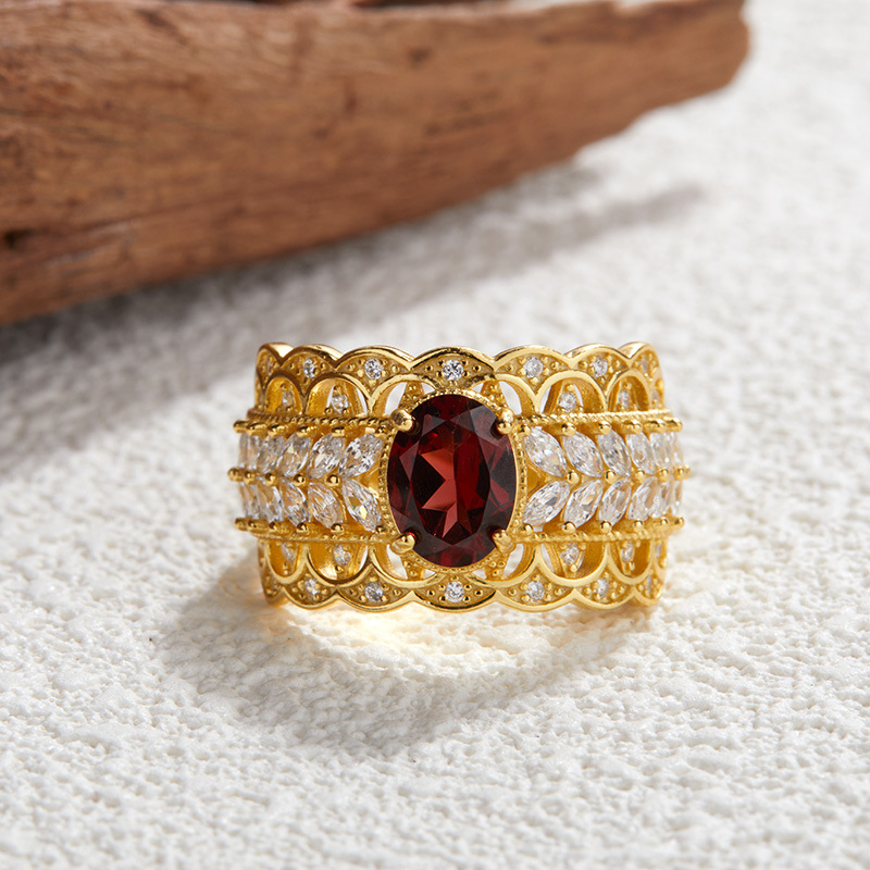 S925 Sterling Silver Inlaid Natural Pomegranate Vintage Lace Ring - Image 2