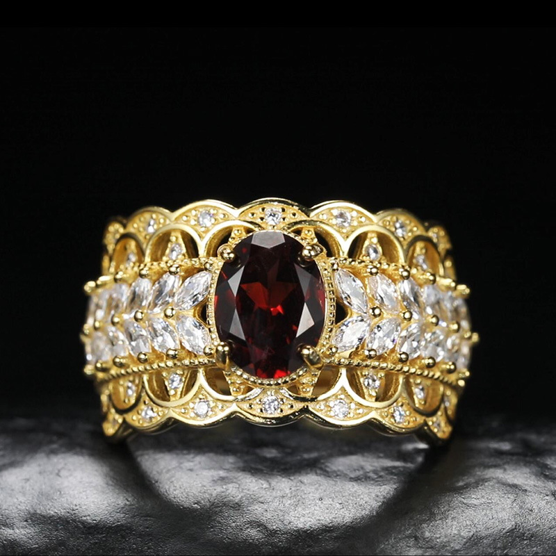 S925 Sterling Silver Inlaid Natural Pomegranate Vintage Lace Ring - Image 5