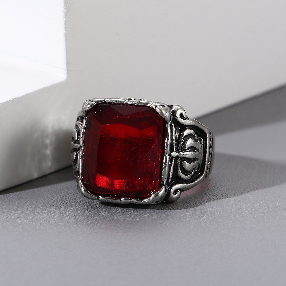 Men's Vintage Ruby Titanium Steel Ring Image 6