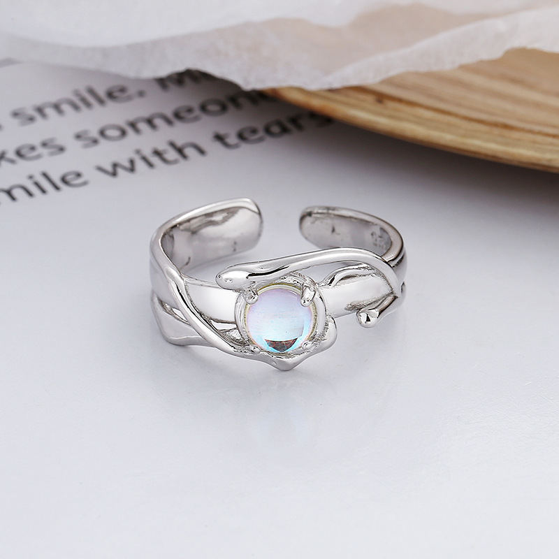 Women's Fashion Simple Sterling Silver Blue Moonstone Irregular Ring 1