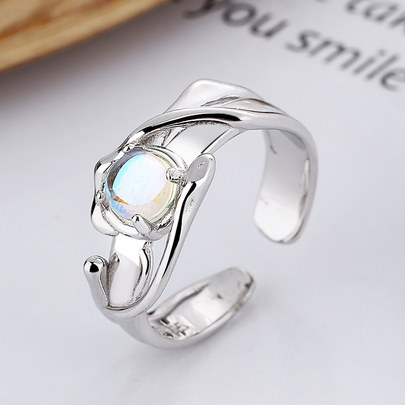 Women's Fashion Simple Sterling Silver Blue Moonstone Irregular Ring 4