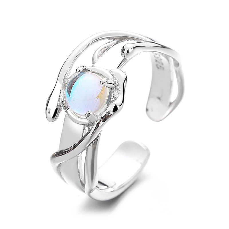 Women's Fashion Simple Sterling Silver Blue Moonstone Irregular Ring 5