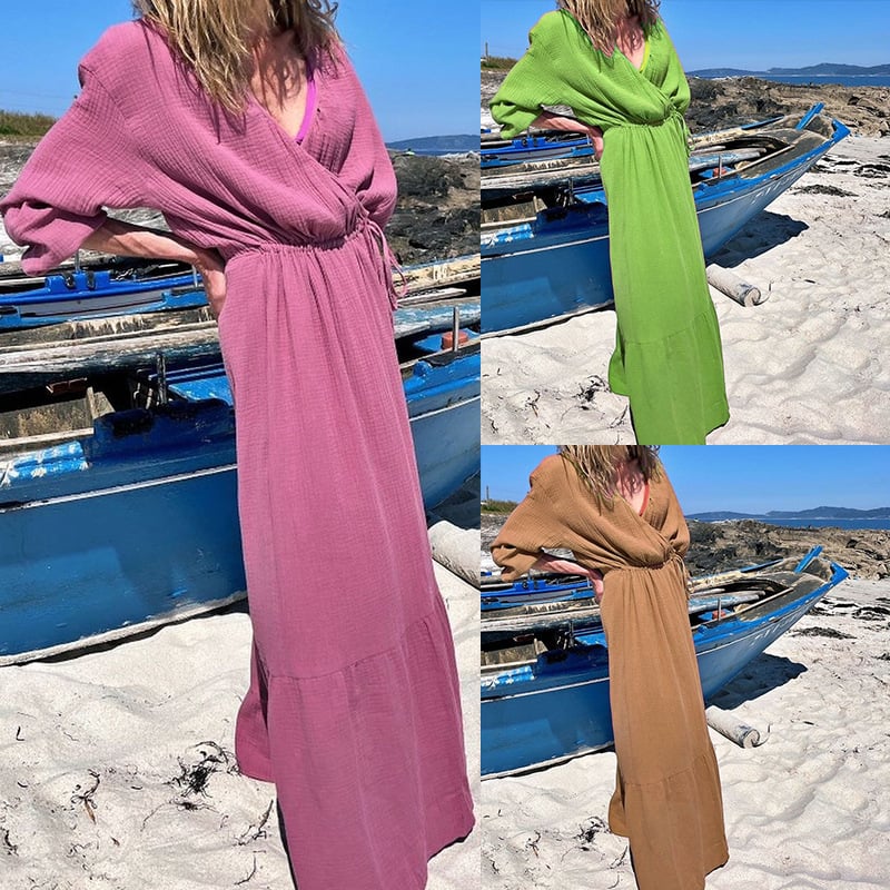 Women's V-neck Long Sleeve Loose Midi Dress - Image 2