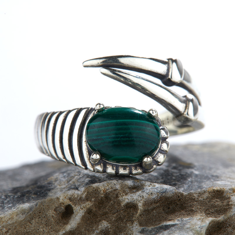 Anillo de Malaquita Natural Plateada