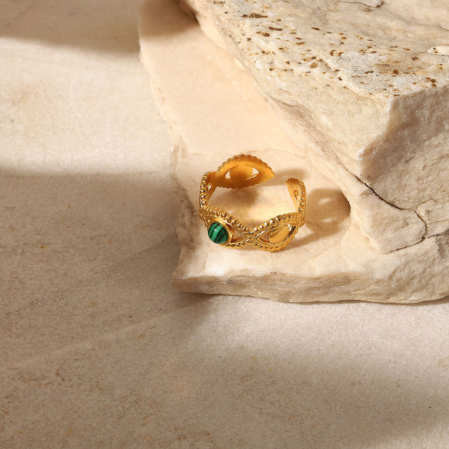 18K Gold Stainless Steel Green Malachite Natural Stone Ring Image 3