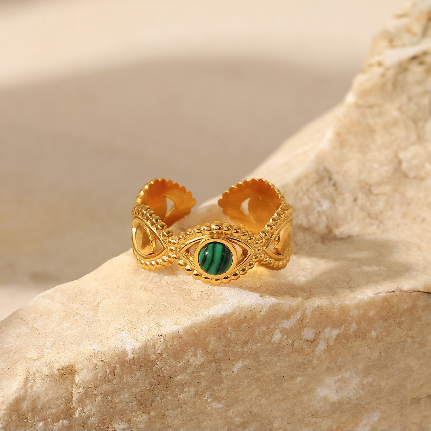 18K Gold Stainless Steel Green Malachite Natural Stone Ring Image 4