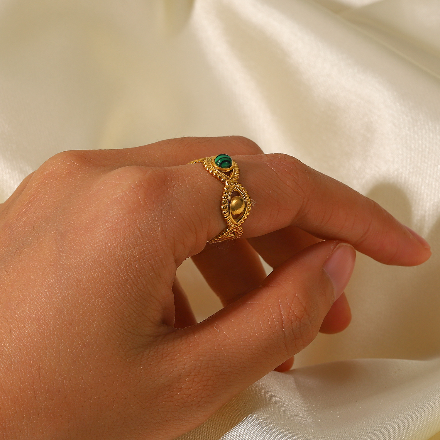 18K Gold Stainless Steel Green Malachite Natural Stone Ring Image 2