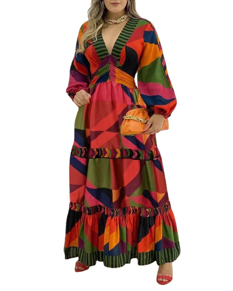 Fall Long Printed V-neck Dress Image 5