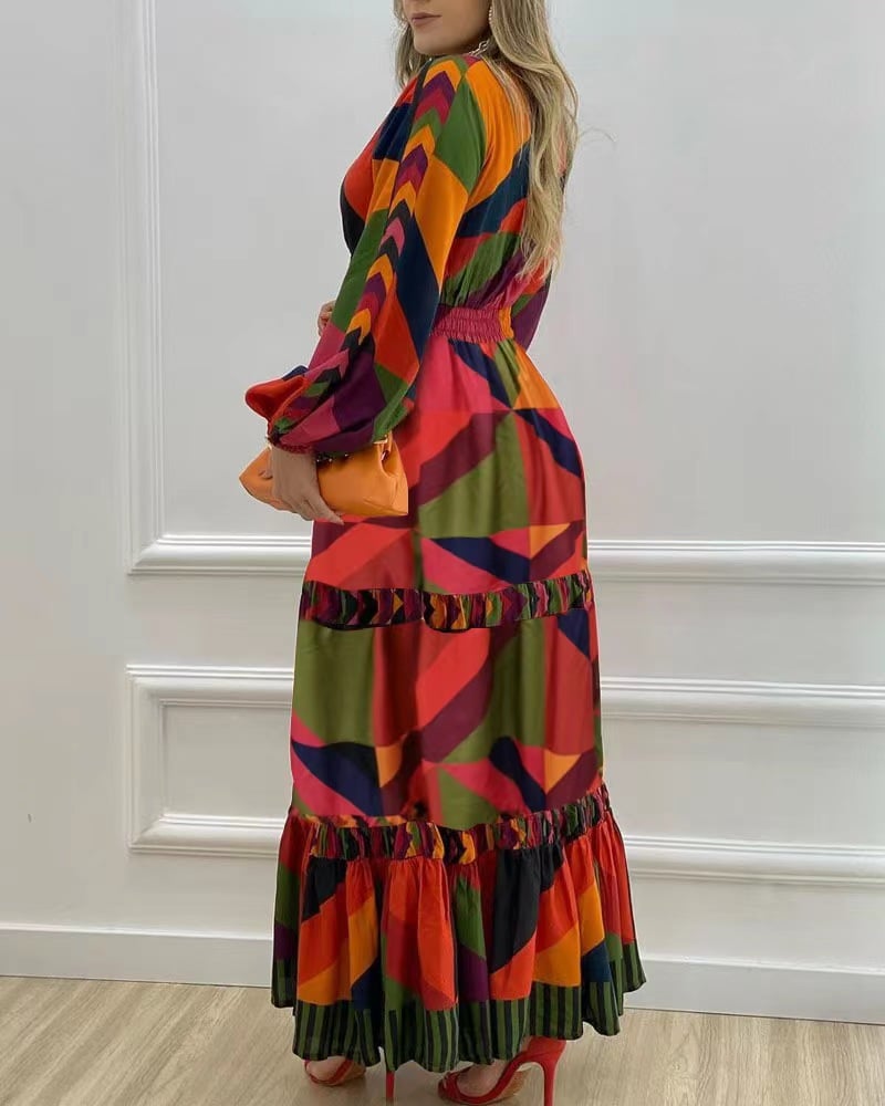 Fall Long Printed V-neck Dress Image 6