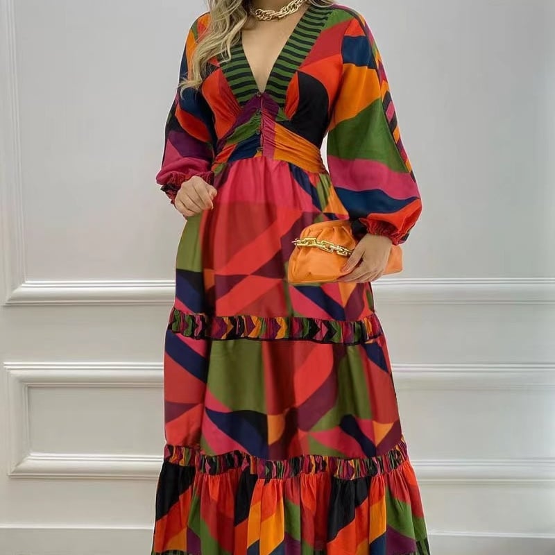 Fall Long Printed V-neck Dress Image 2