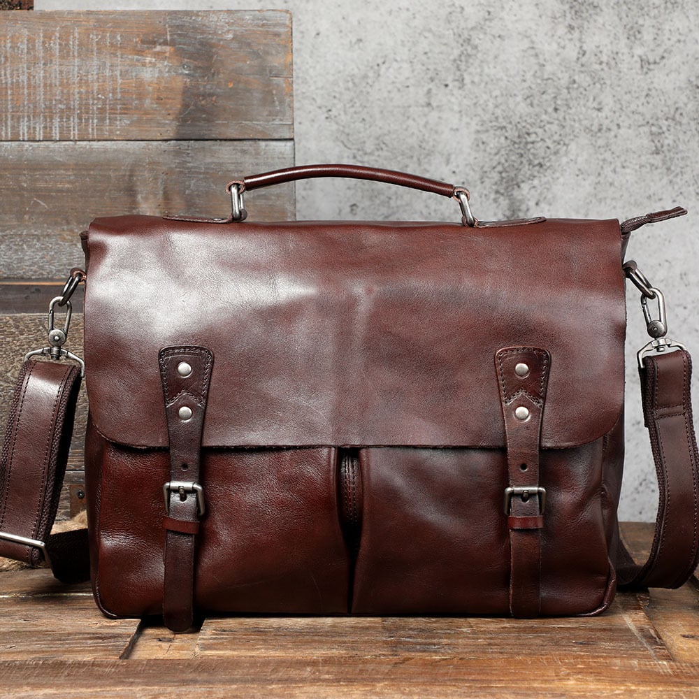 Men's First Layer Cowhide Briefcase - Coffee