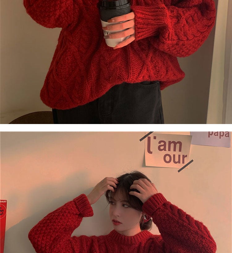 Retro Saint Red Twist Women Loose Knit Sweater 10