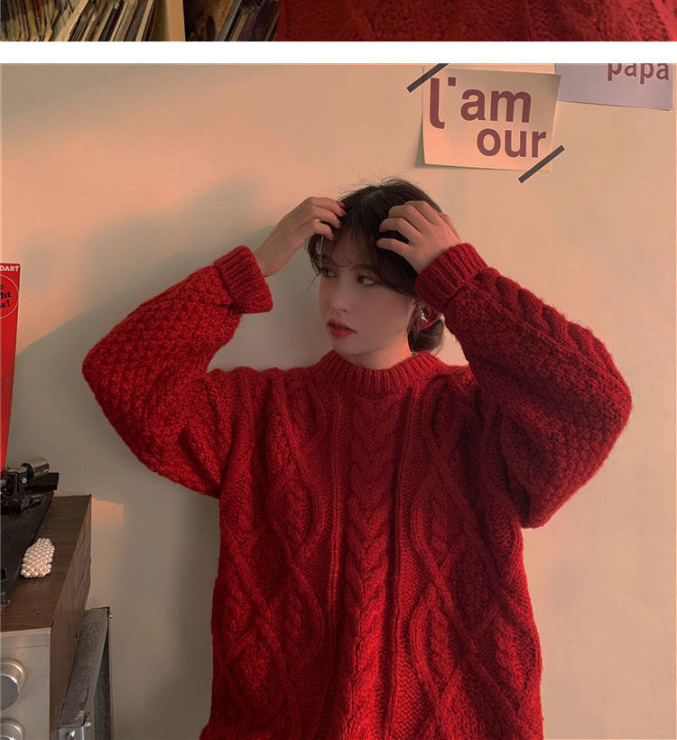 Retro Saint Red Twist Women Loose Knit Sweater 18