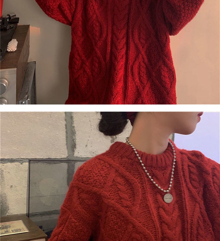 Retro Saint Red Twist Women Loose Knit Sweater 11