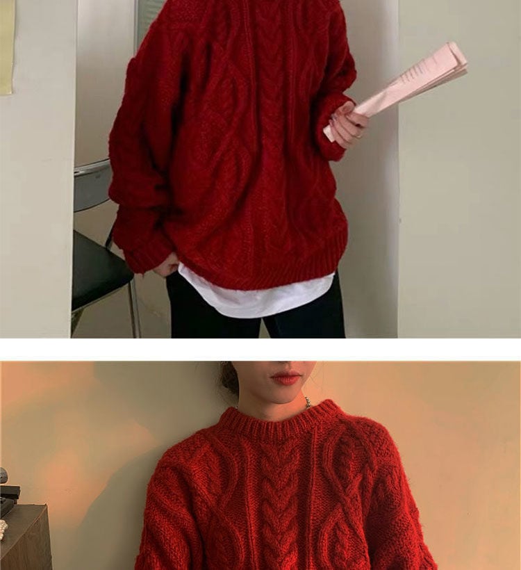 Retro Saint Red Twist Women Loose Knit Sweater 8