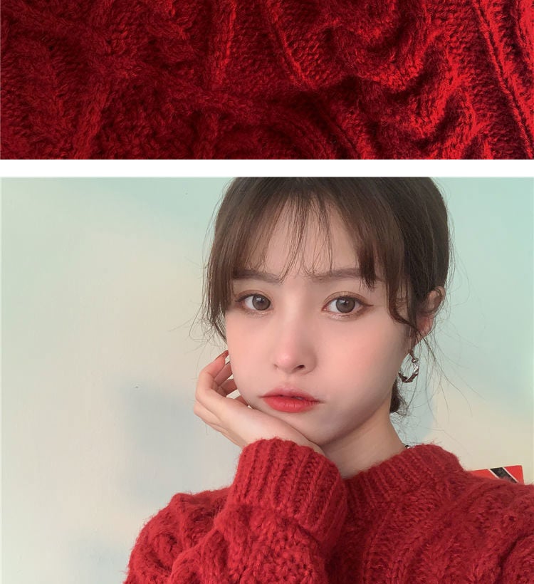 Retro Saint Red Twist Women Loose Knit Sweater 14