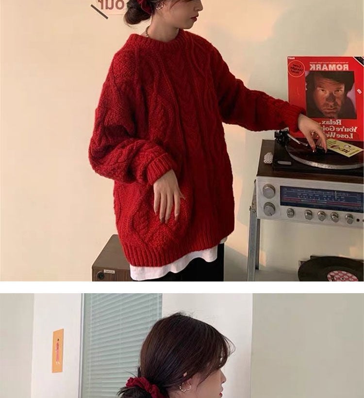 Retro Saint Red Twist Women Loose Knit Sweater 6