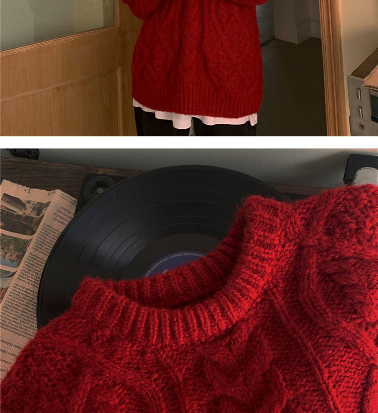Retro Saint Red Twist Women Loose Knit Sweater 13