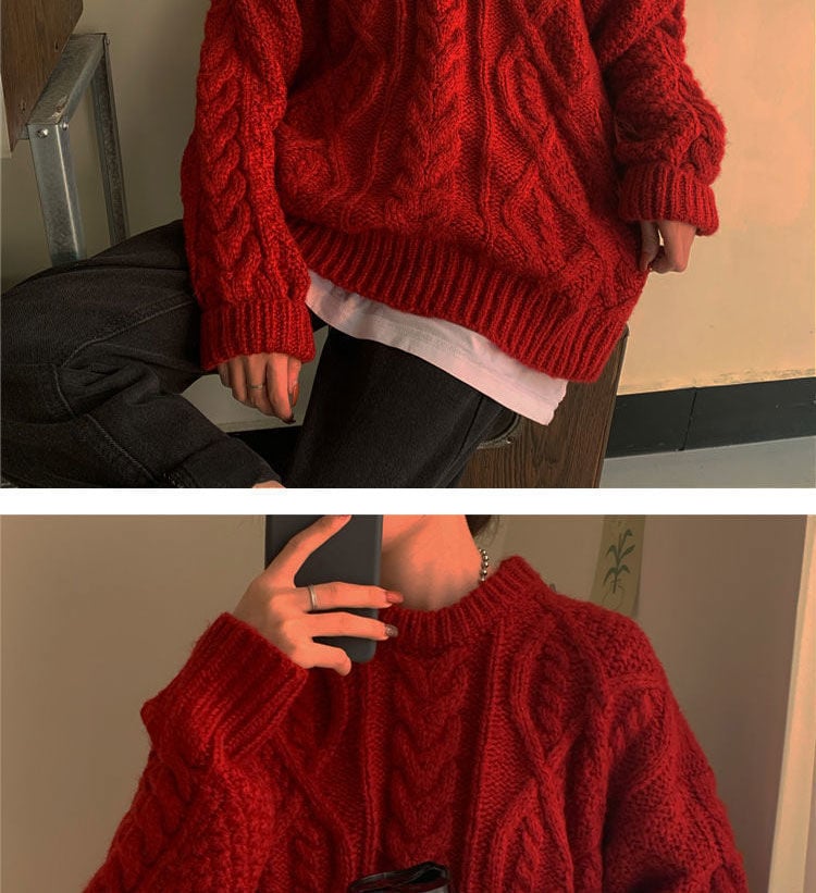 Retro Saint Red Twist Women Loose Knit Sweater 9