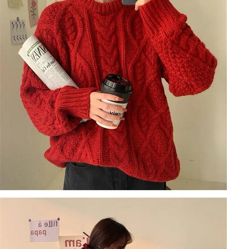 Retro Saint Red Twist Women Loose Knit Sweater 5