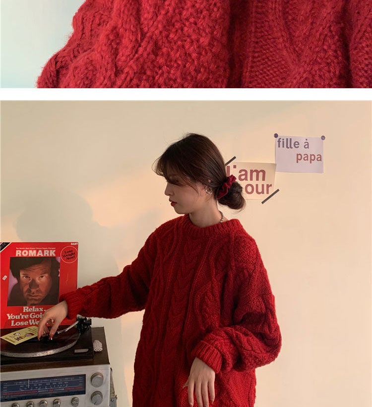 Retro Saint Red Twist Women Loose Knit Sweater 15