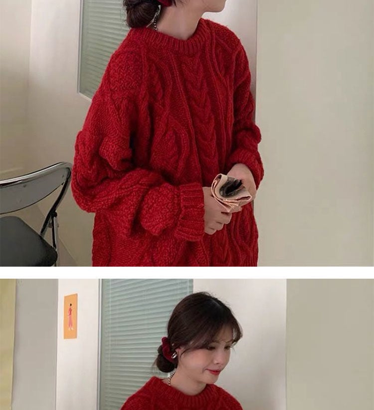 Retro Saint Red Twist Women Loose Knit Sweater 7