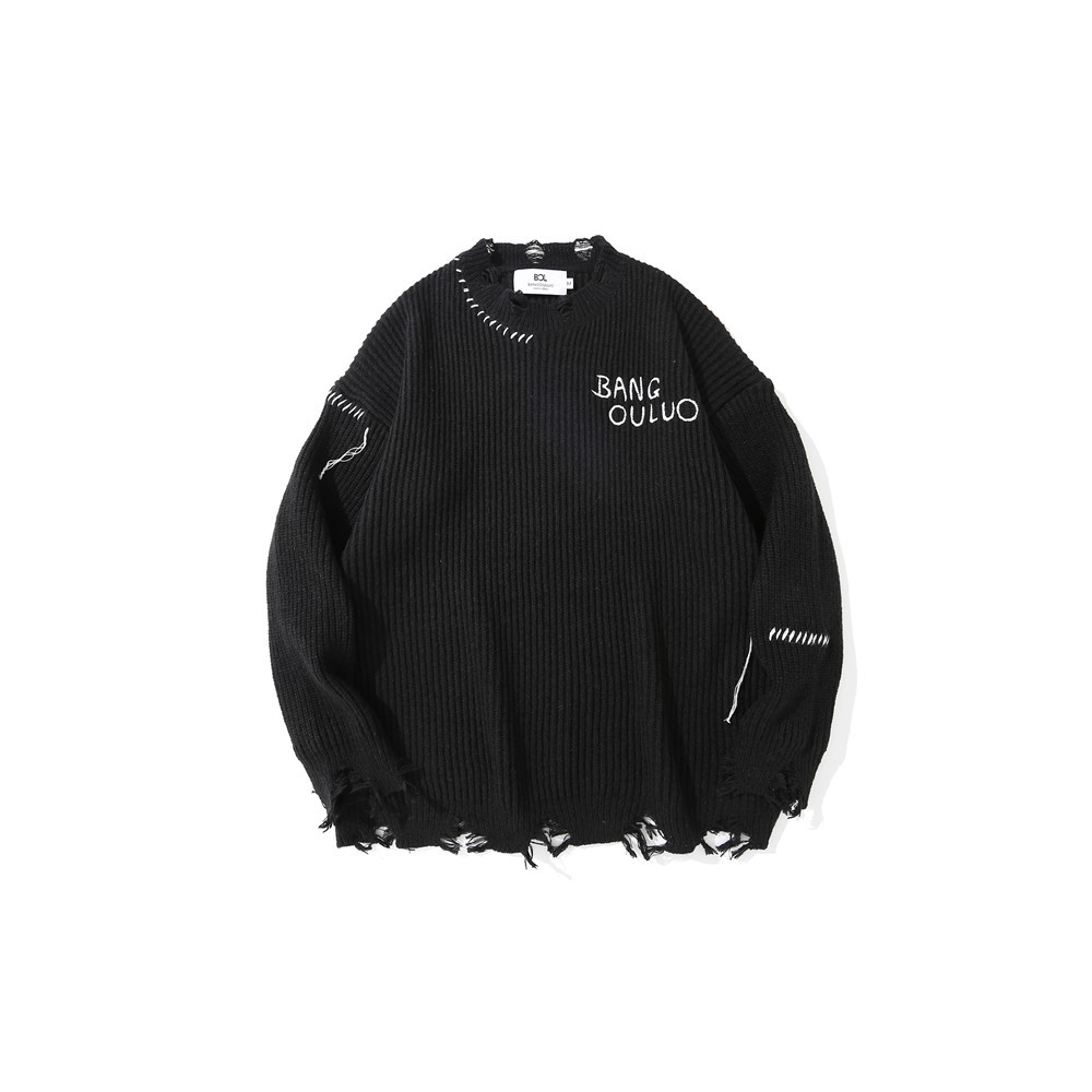 Dark Embroidered Ripped Letter-printing Sweater Image 2