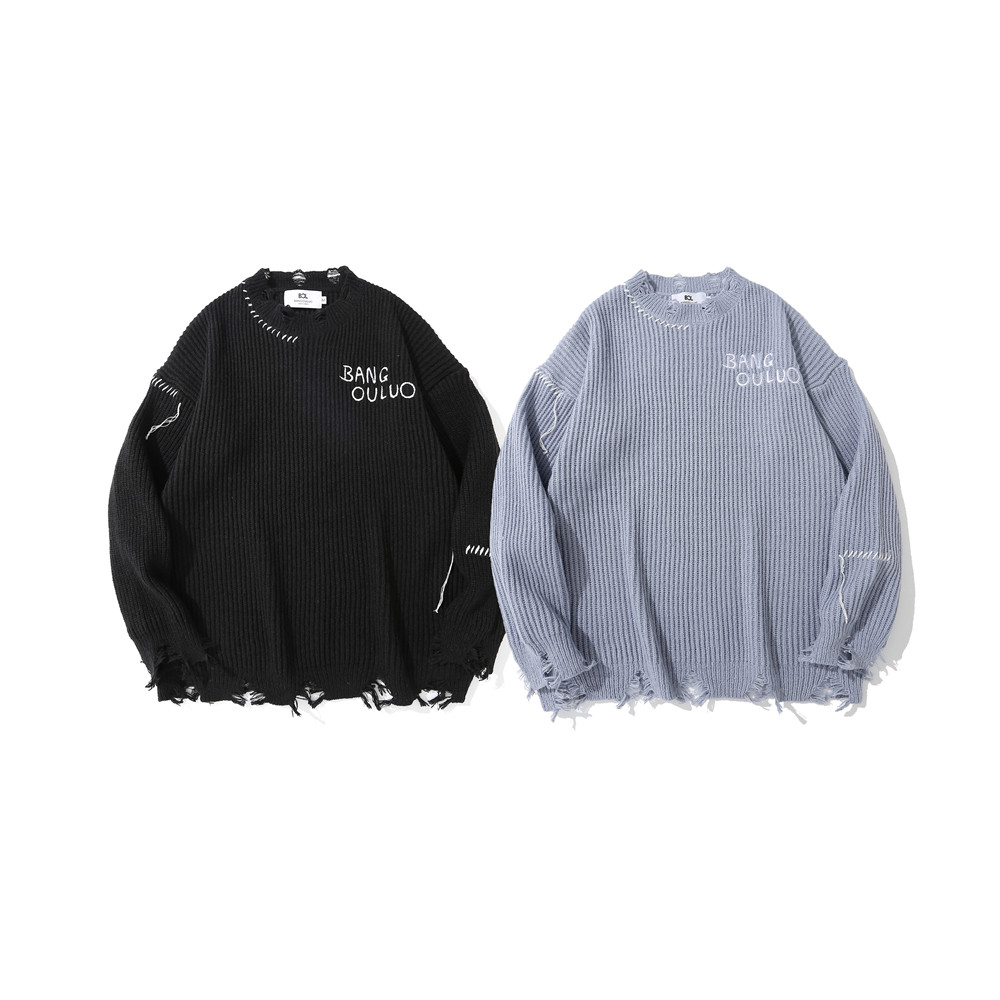 Dark Embroidered Ripped Letter-printing Sweater Image 12